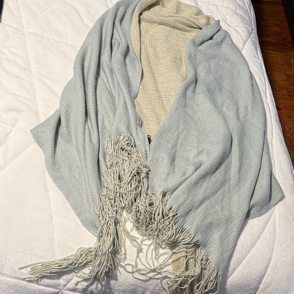Express Textured Knit Shawl in Blue and Cream